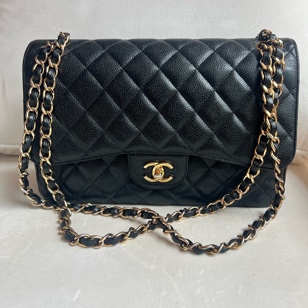 Chanel Quilted Double Flap Black Caviar Jumbo Shoulder Handbag